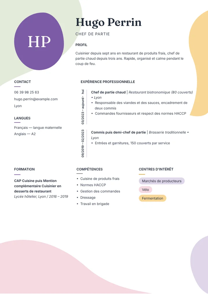 Exemple de CV de cuisinier chef de partie en restaurant