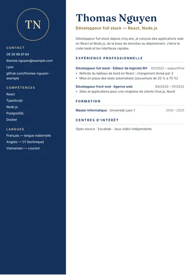 Exemple de CV de développeur web full stack avec technologies et projets