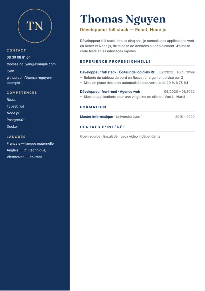 Exemple de CV de développeur web full stack avec technologies et projets