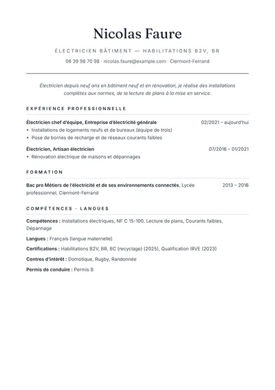 Exemple de CV d’électricien bâtiment avec habilitations électriques