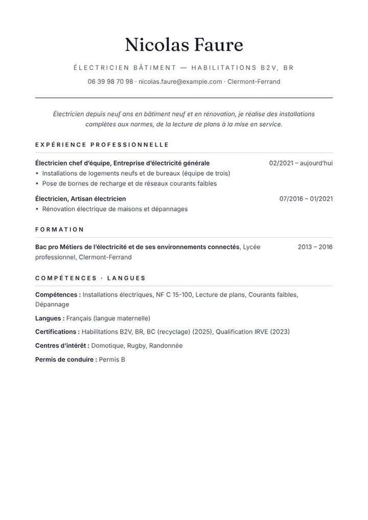 Exemple de CV d’électricien bâtiment avec habilitations électriques