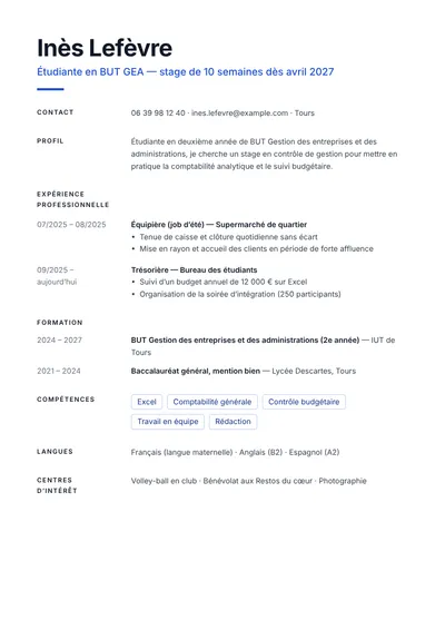 Exemple de CV étudiant en BUT GEA cherchant un stage, sur une page