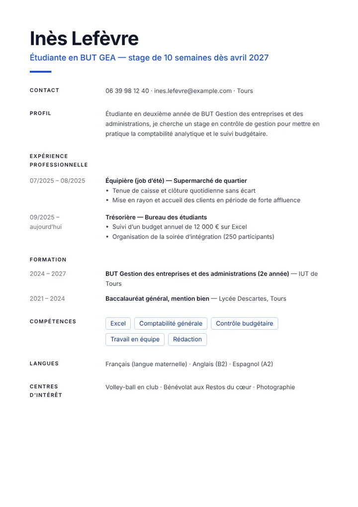 Exemple de CV étudiant en BUT GEA cherchant un stage, sur une page