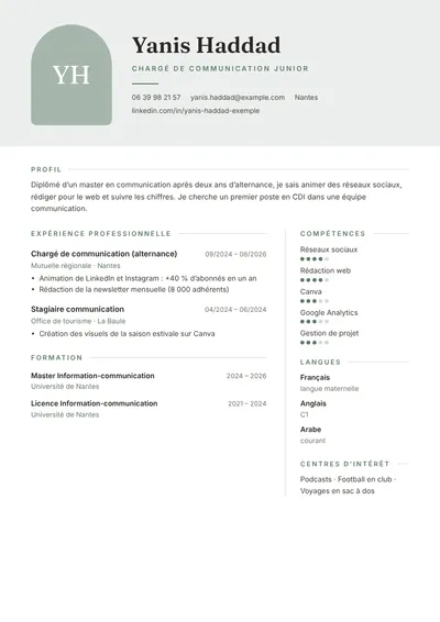 Exemple de CV de jeune diplômée pour un premier emploi en marketing, une page