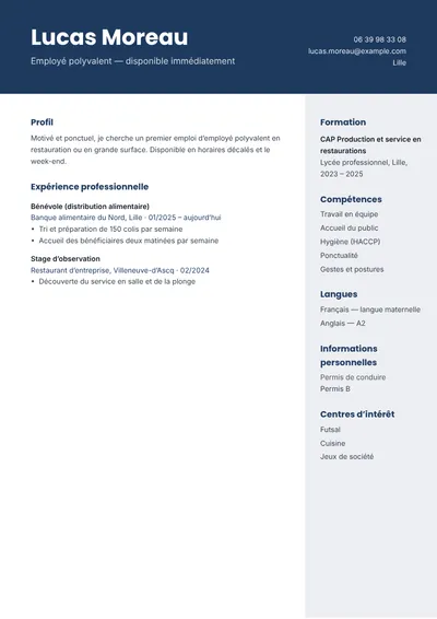 Exemple de CV sans expérience pour un poste d’employé polyvalent, une page