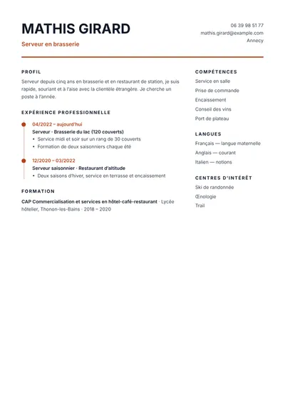 Exemple de CV de serveur en brasserie indiquant le nombre de couverts