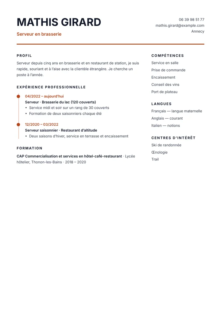 Exemple de CV de serveur en brasserie indiquant le nombre de couverts