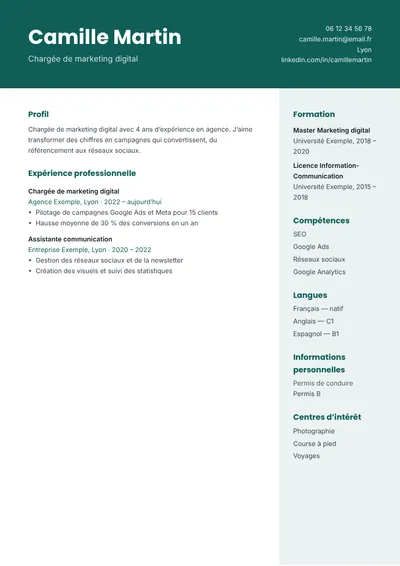 Aperçu du modèle de CV Bandeau