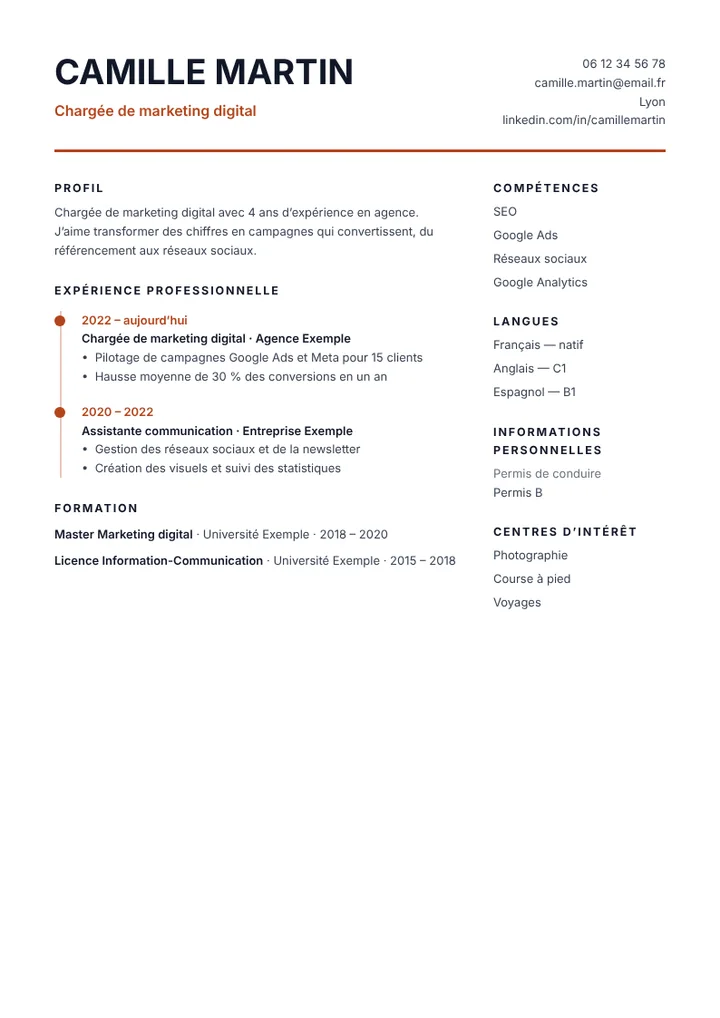 Modèle de CV Chronologie rempli avec un exemple
