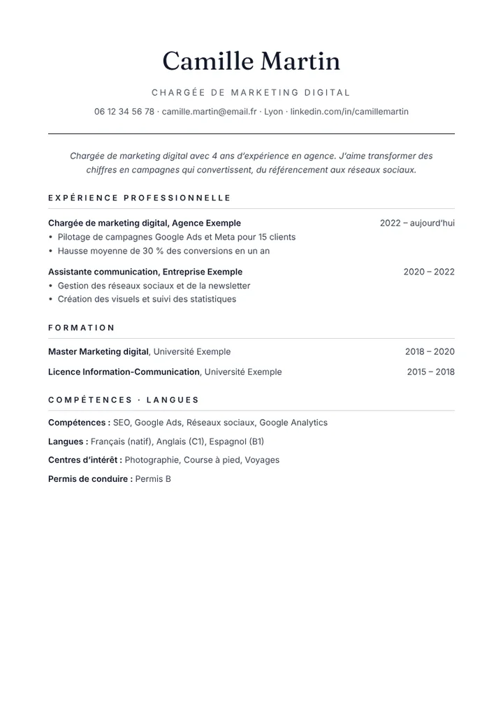 Modèle de CV Classique rempli avec un exemple