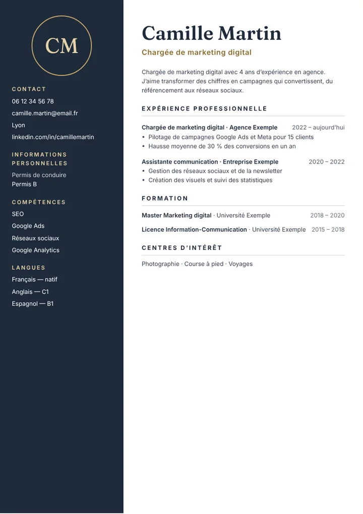 Modèle de CV Nuit rempli avec un exemple