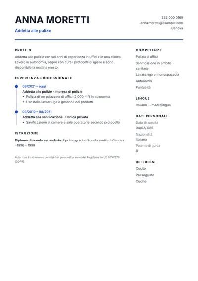 Esempio di curriculum da addetta alle pulizie in uffici e clinica