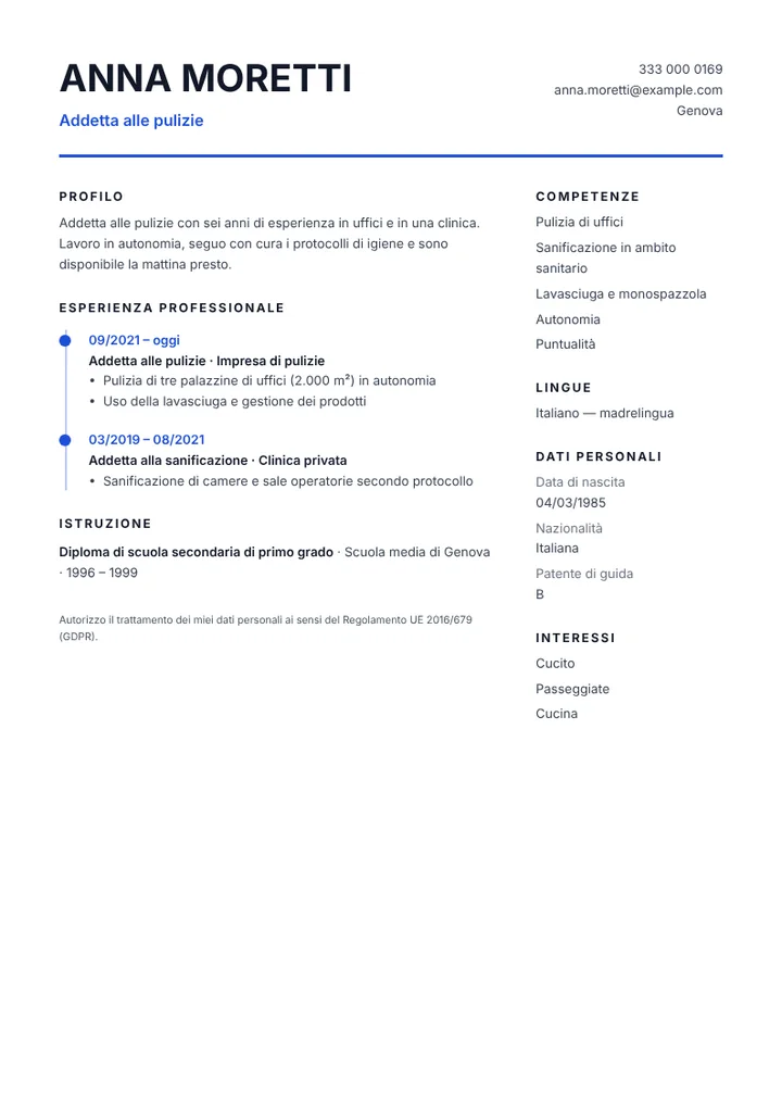 Esempio di curriculum da addetta alle pulizie in uffici e clinica