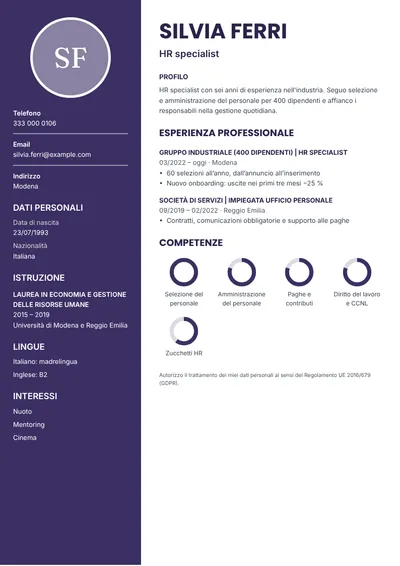 Esempio di curriculum da HR specialist in azienda industriale