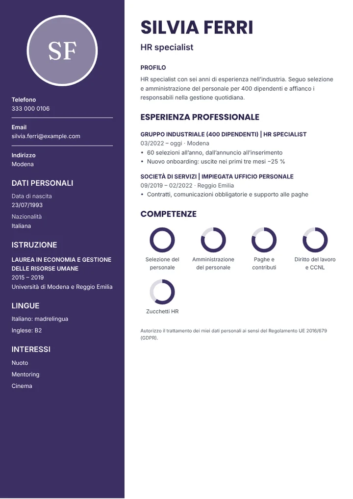 Esempio di curriculum da HR specialist in azienda industriale