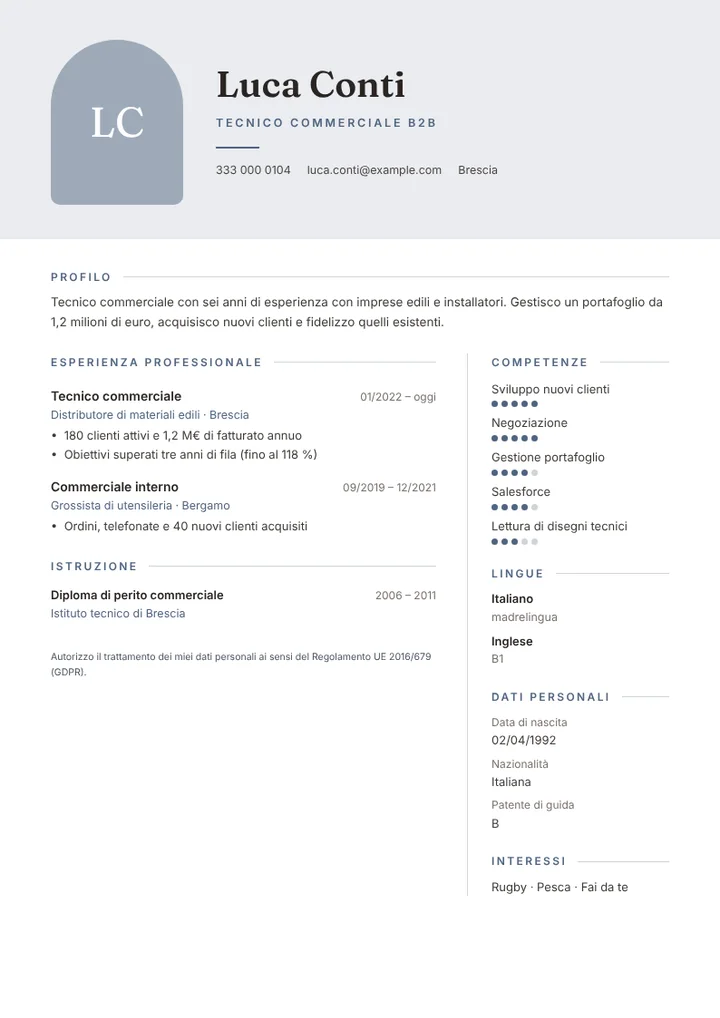 Esempio di curriculum da commerciale B2B con obiettivi superati