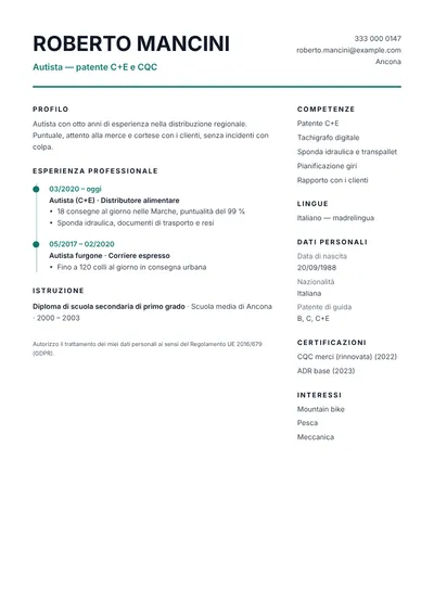Esempio di curriculum da autista con patente C+E e CQC