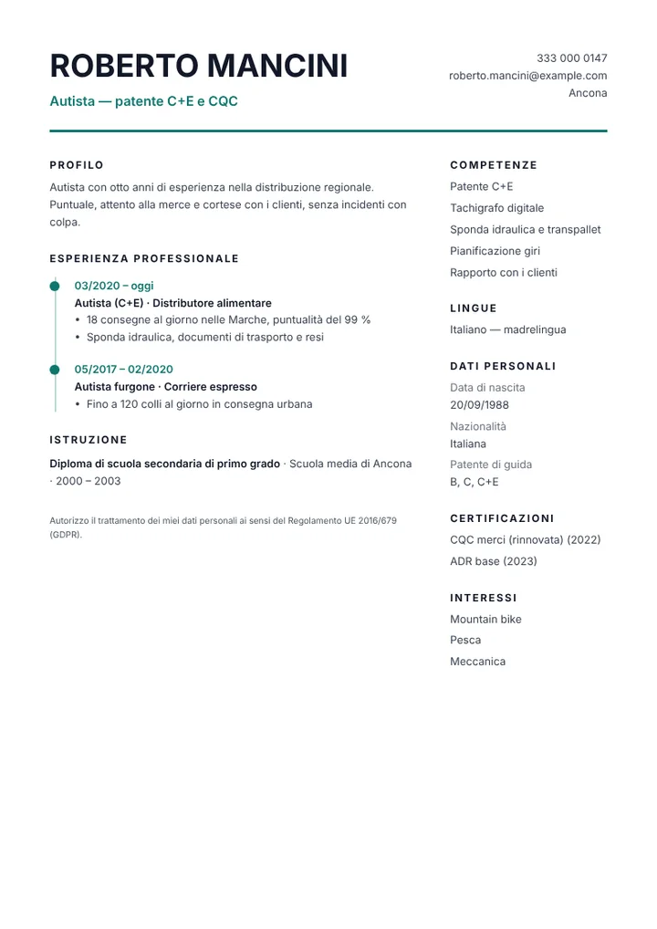 Esempio di curriculum da autista con patente C+E e CQC