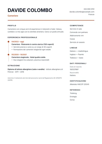 Esempio di curriculum da cameriere in ristorante con lingue straniere