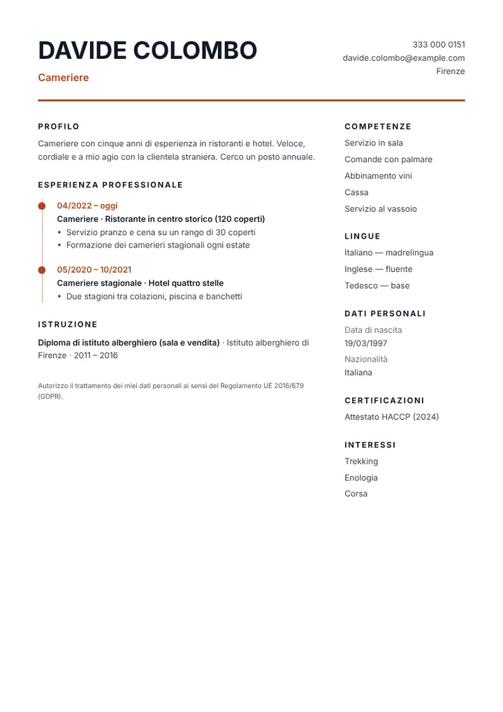 Esempio di curriculum da cameriere in ristorante con lingue straniere
