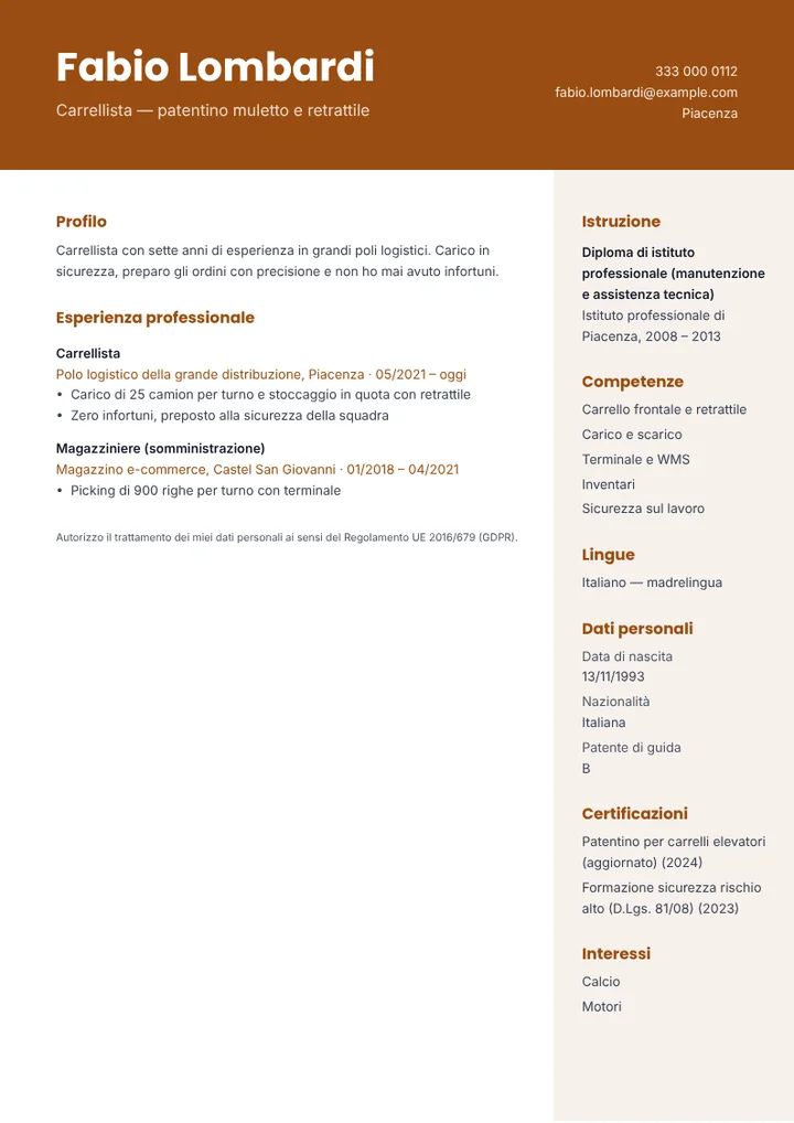 Esempio di curriculum da carrellista con patentino del muletto