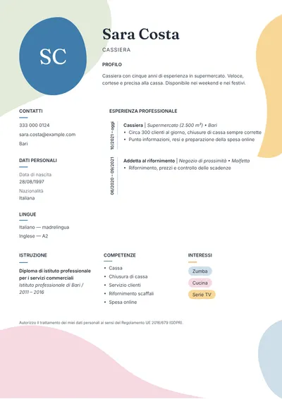 Esempio di curriculum da cassiera di supermercato in una pagina