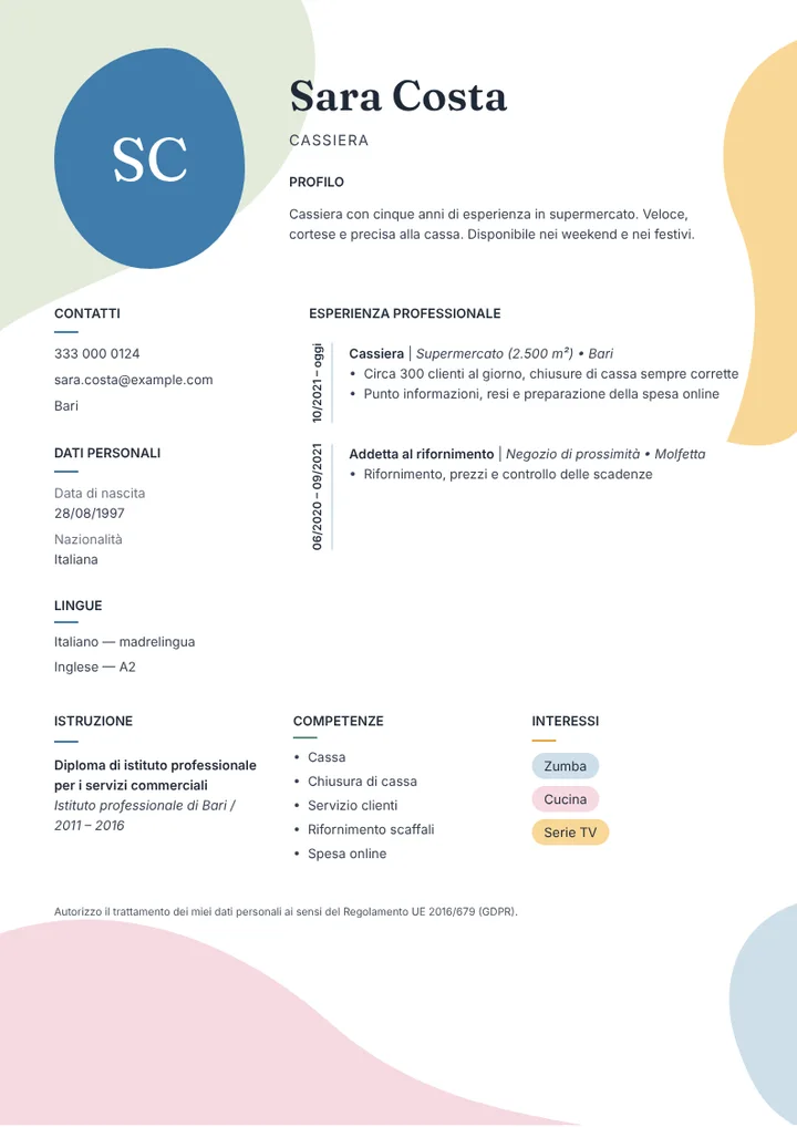 Esempio di curriculum da cassiera di supermercato in una pagina