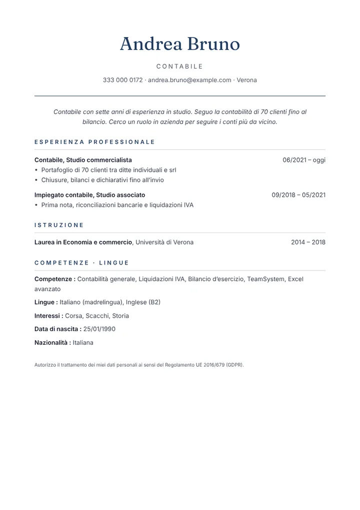 Esempio di curriculum da contabile in studio commercialista, stile sobrio