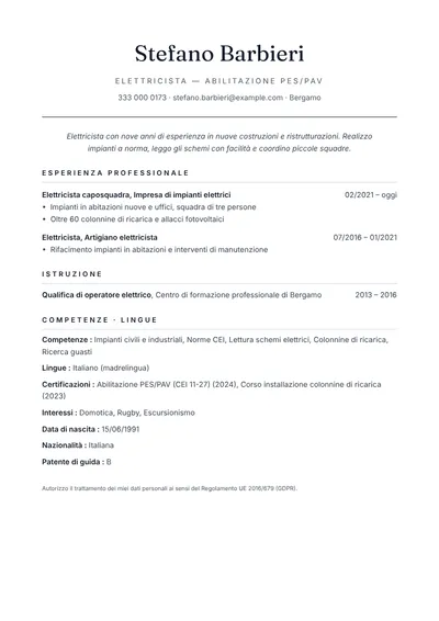 Esempio di curriculum da elettricista con abilitazione PES PAV