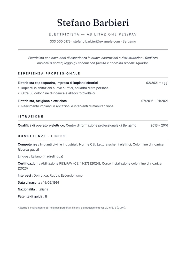Esempio di curriculum da elettricista con abilitazione PES PAV