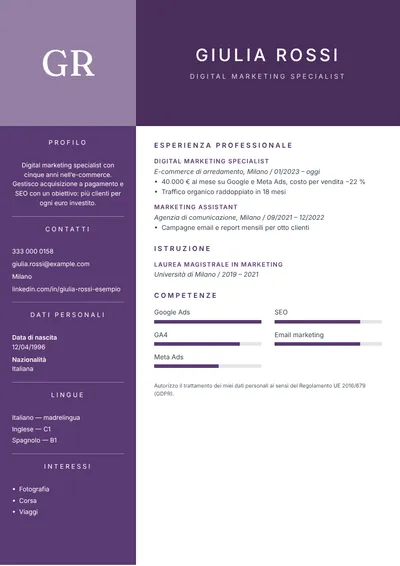 Esempio di curriculum da digital marketing specialist con risultati
