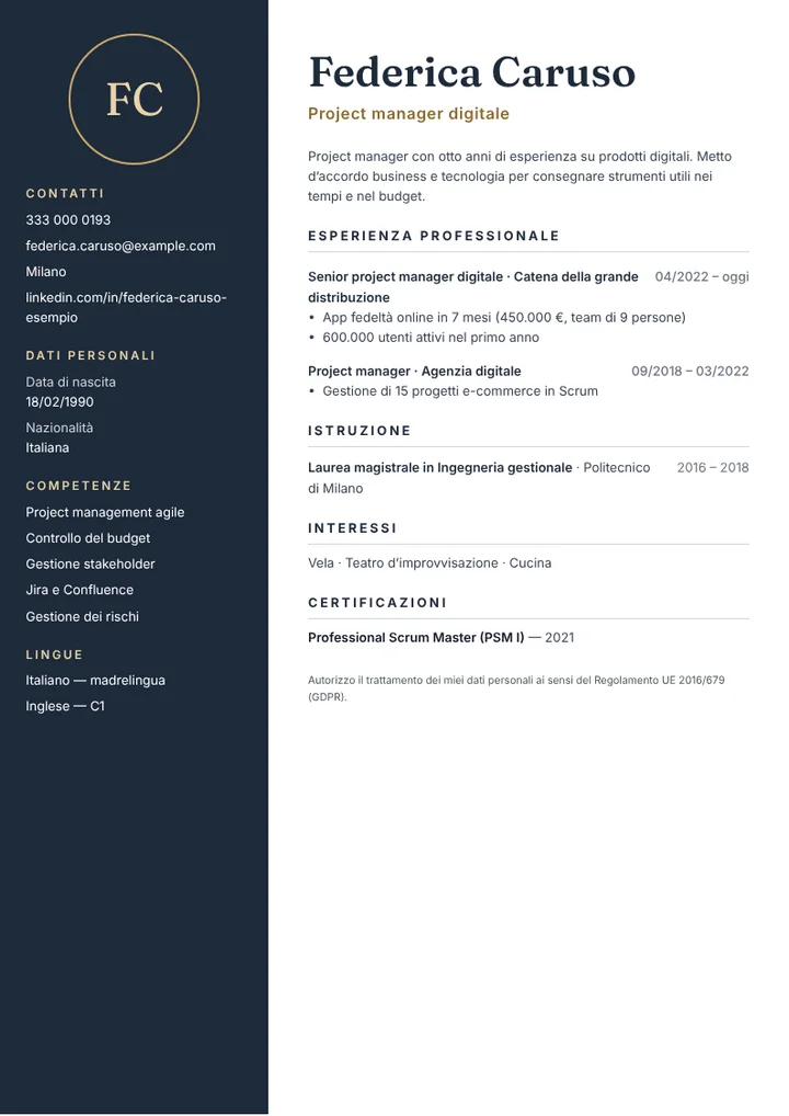 Esempio di curriculum da project manager digitale con budget