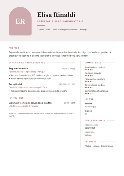 Esempio di curriculum da segretaria in poliambulatorio