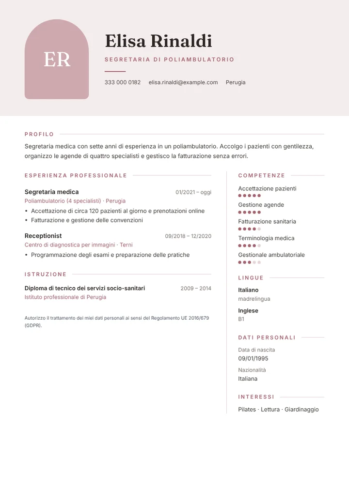 Esempio di curriculum da segretaria in poliambulatorio