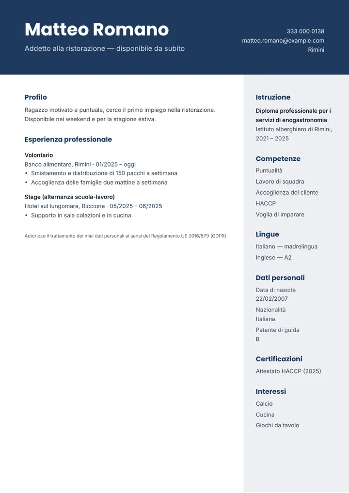Esempio di curriculum senza esperienza per addetto alla ristorazione