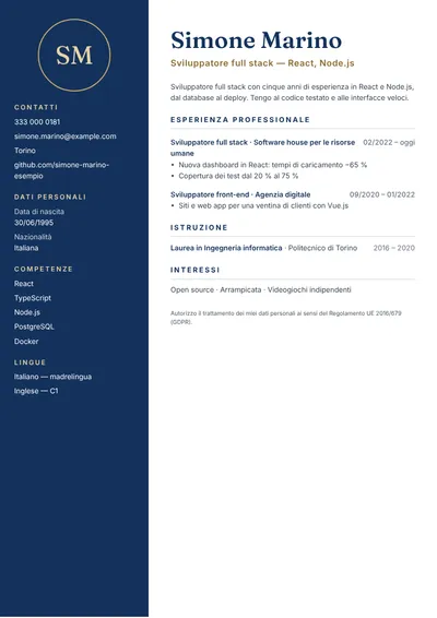 Esempio di curriculum da sviluppatore web full stack