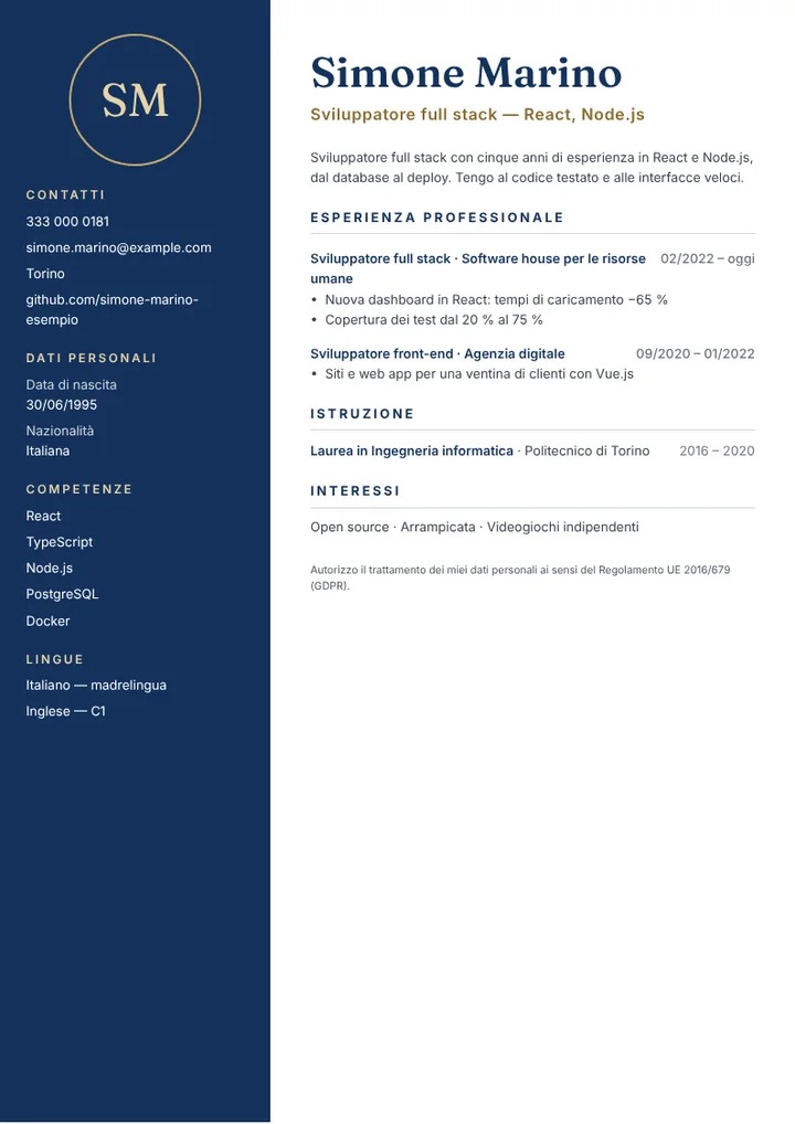Esempio di curriculum da sviluppatore web full stack