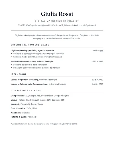 Anteprima del modello di curriculum Classico