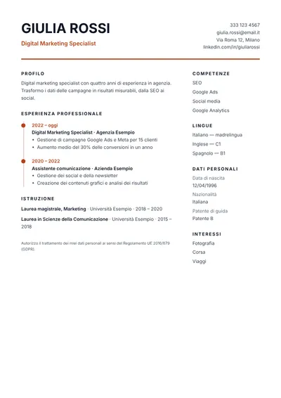 Anteprima del modello di curriculum Cronologia
