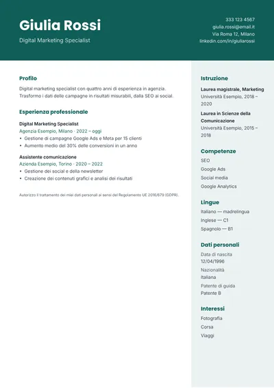 Anteprima del modello di curriculum Fascia