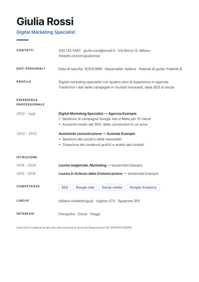 Anteprima del modello di curriculum Minimal