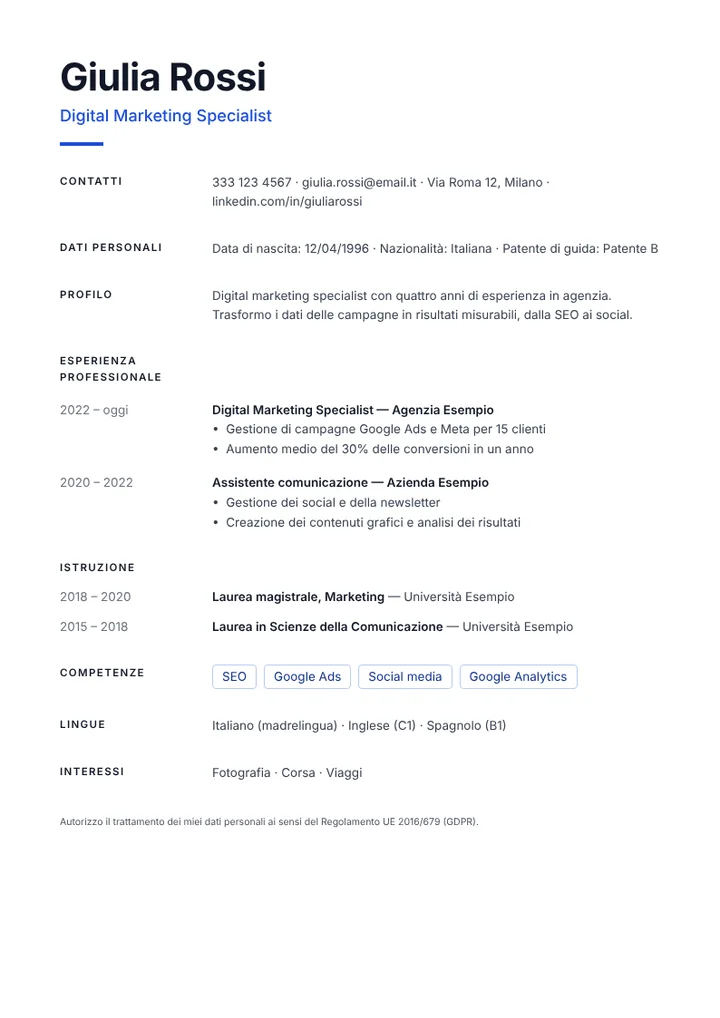 Modello di curriculum Minimal compilato con un esempio