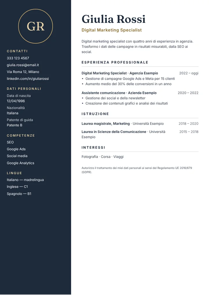 Modello di curriculum Notte compilato con un esempio