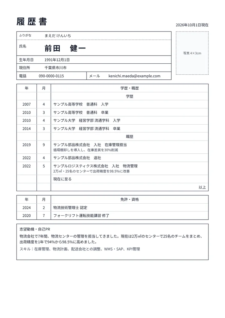 物流センターの物流管理担当の履歴書の例文