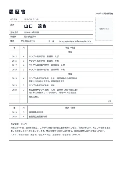 調理師免許を持つ料理人の履歴書の例文