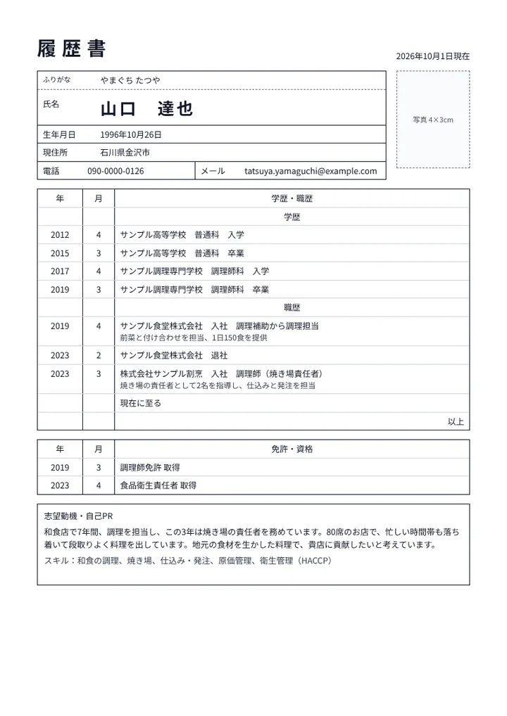 調理師免許を持つ料理人の履歴書の例文