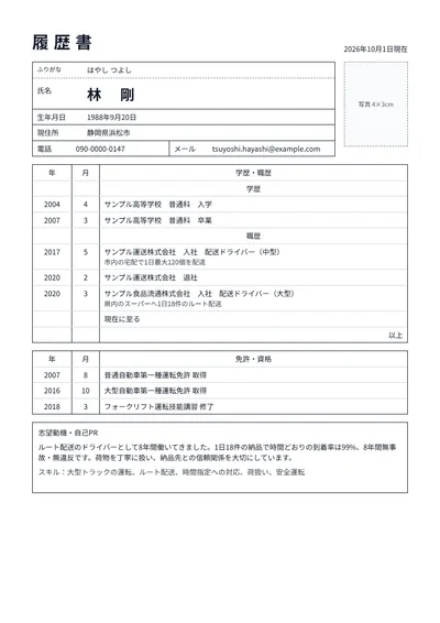大型自動車免許を持つトラックドライバーの履歴書の例文