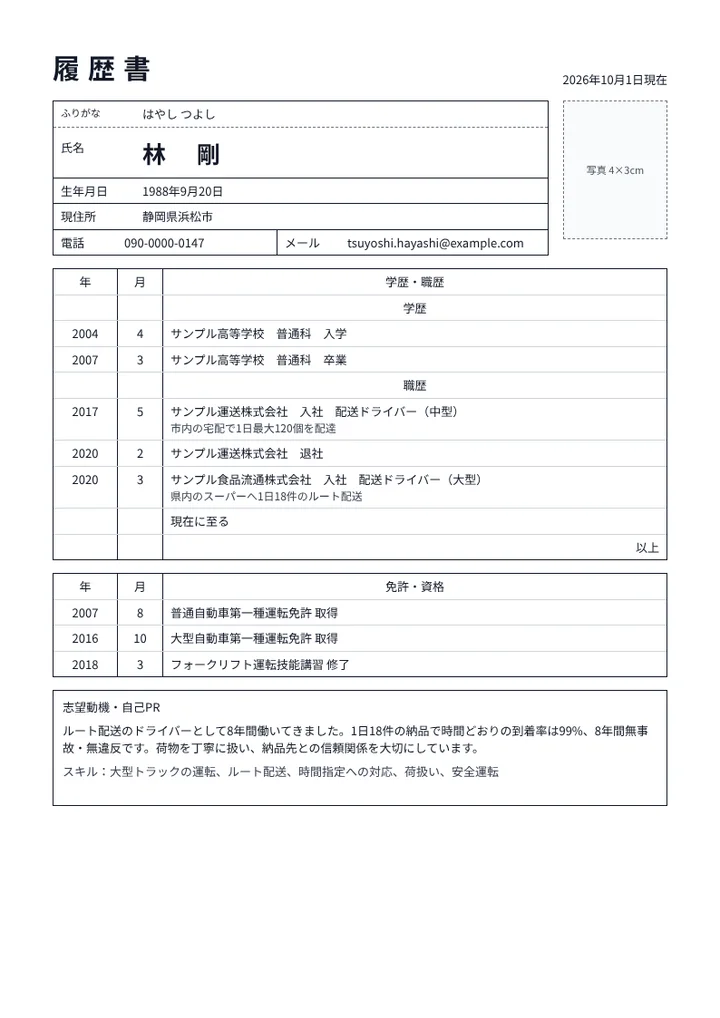 大型自動車免許を持つトラックドライバーの履歴書の例文