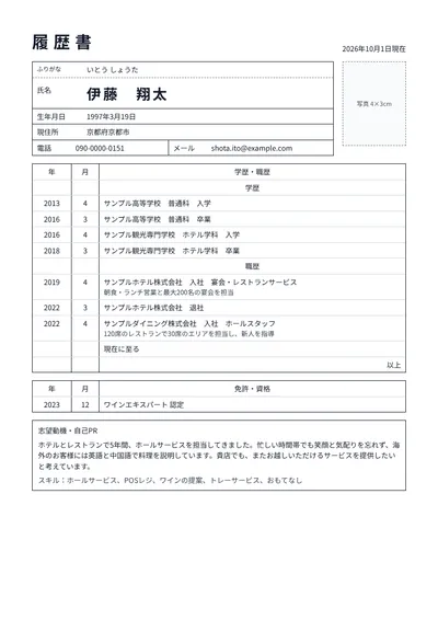 飲食店のホールスタッフの履歴書の例文