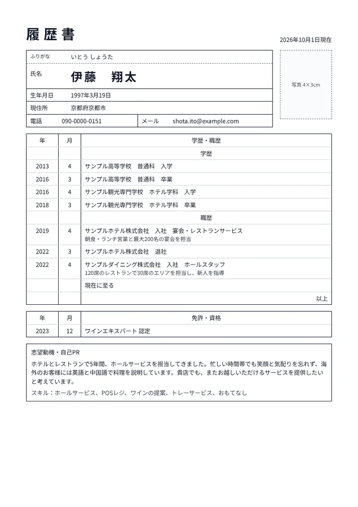 飲食店のホールスタッフの履歴書の例文